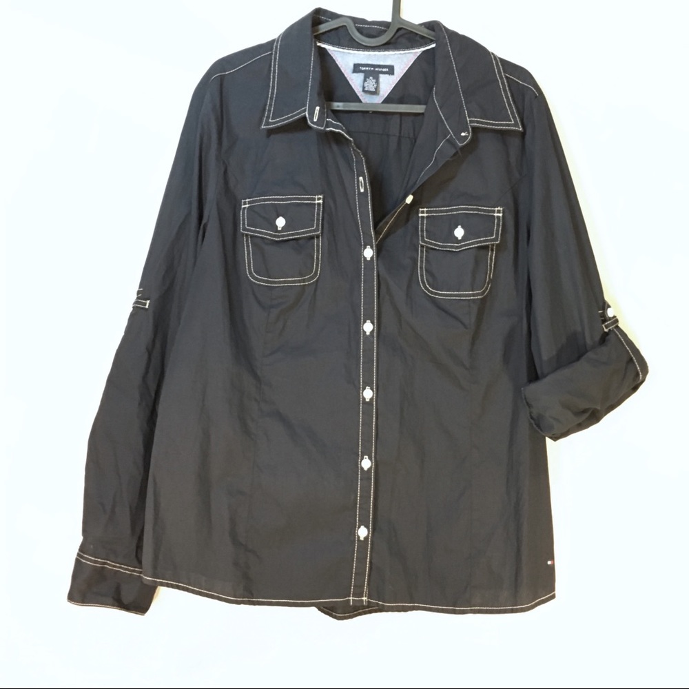 Tommy Hilfiger Button Shirt Navy White Stitch XL